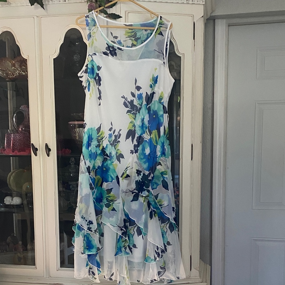 Asymmetrical Floral Dress - Blue and White